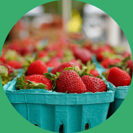 Fresh strawberries in turquoise cartons at a farmers market.