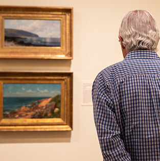 Man viewing framed landscape paintings in an art gallery