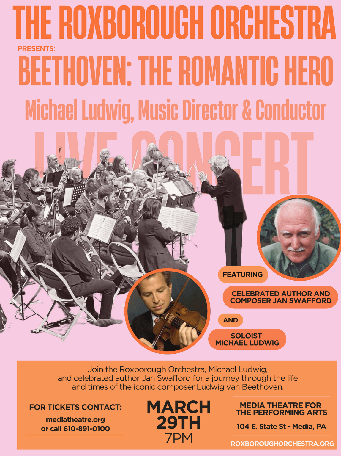 Poster for Roxborough Orchestra’s Beethoven: The Romantic Hero concert on March 29th at Media Theatre.