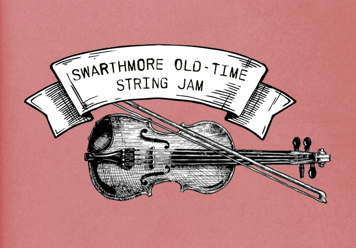 Swarthmore Old-Time String Jam logo with a black-and-white violin and bow illustration beneath a banner of text on a pink background.