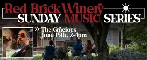 Red Brick Winery Sunday Music Series banner with June 15th event details.