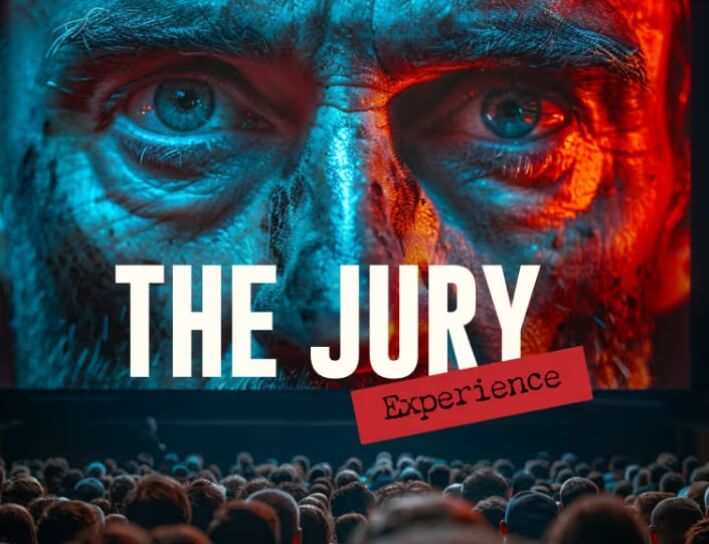 The Jury Experience poster with intense face and audience.