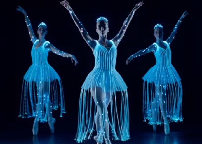 Ballet dancers performing in glowing blue light-up dresses.