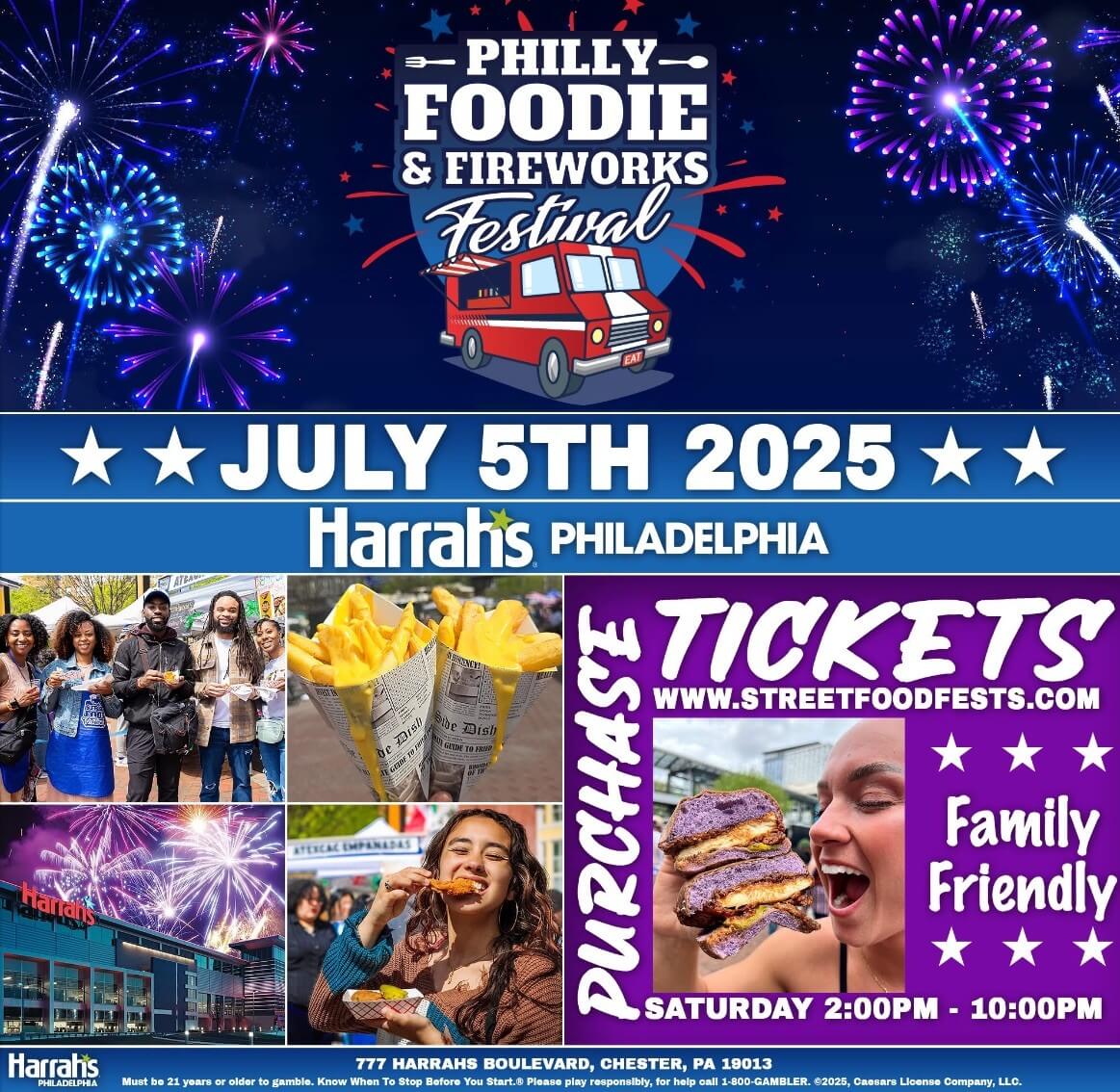 Flyer for the Philly Foodie & Fireworks Festival on July 5, 2025, at Harrah’s Philadelphia.