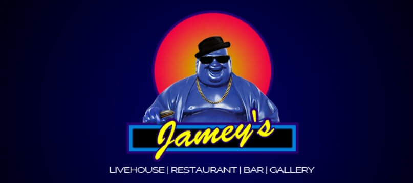 Logo for Jamey’s House of Music with blue figure in hat and sunglasses, neon sunset background