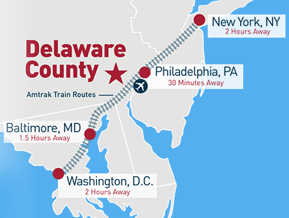Map showing cities close to Delaware County